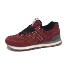 Мужские кроссовки New Balance 574 зимние бордовые с черным мехом 